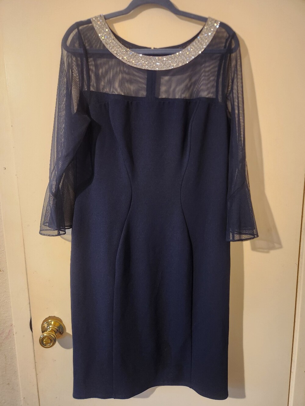 Alex Evenings Navy Midi Dress with Beaded Silver Collar